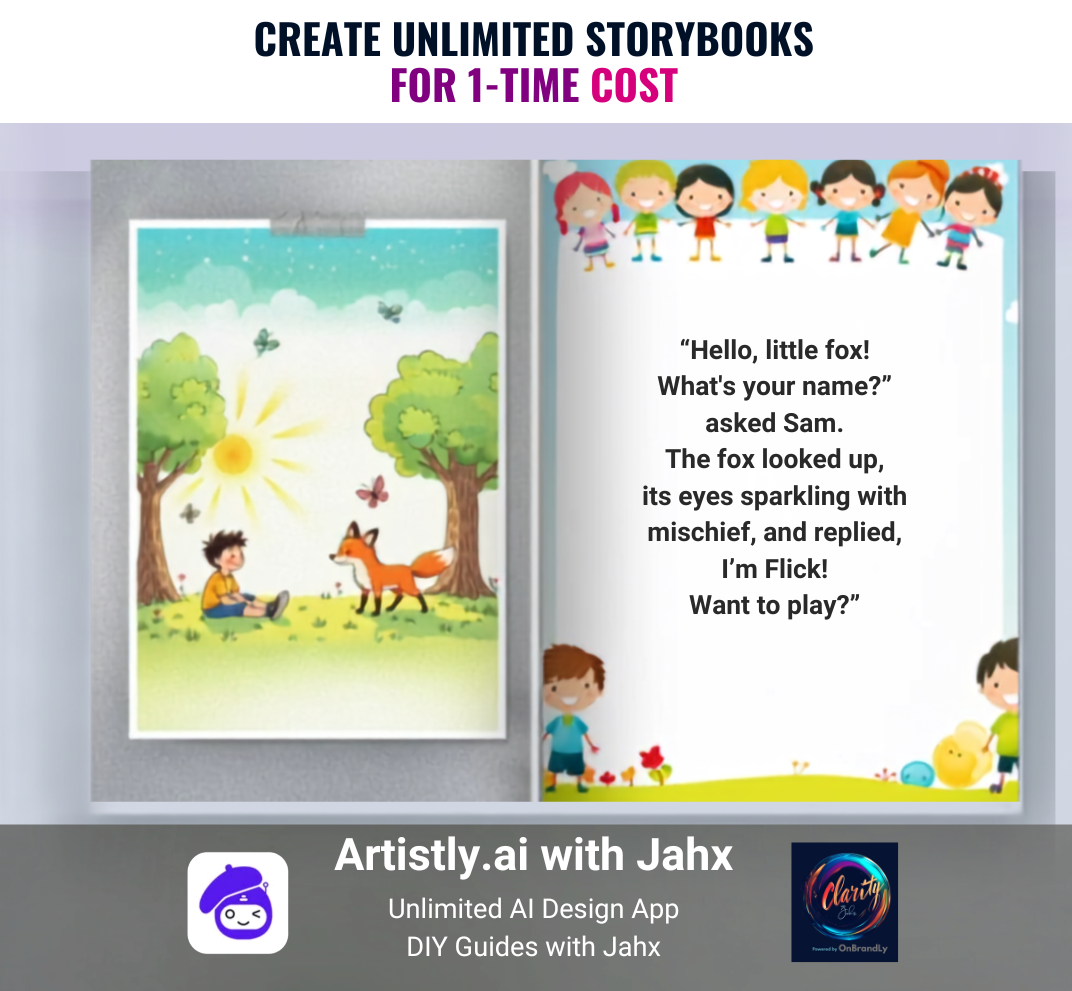 Create unlimited storybooks with Artistly — sample AI-generated storybook spread